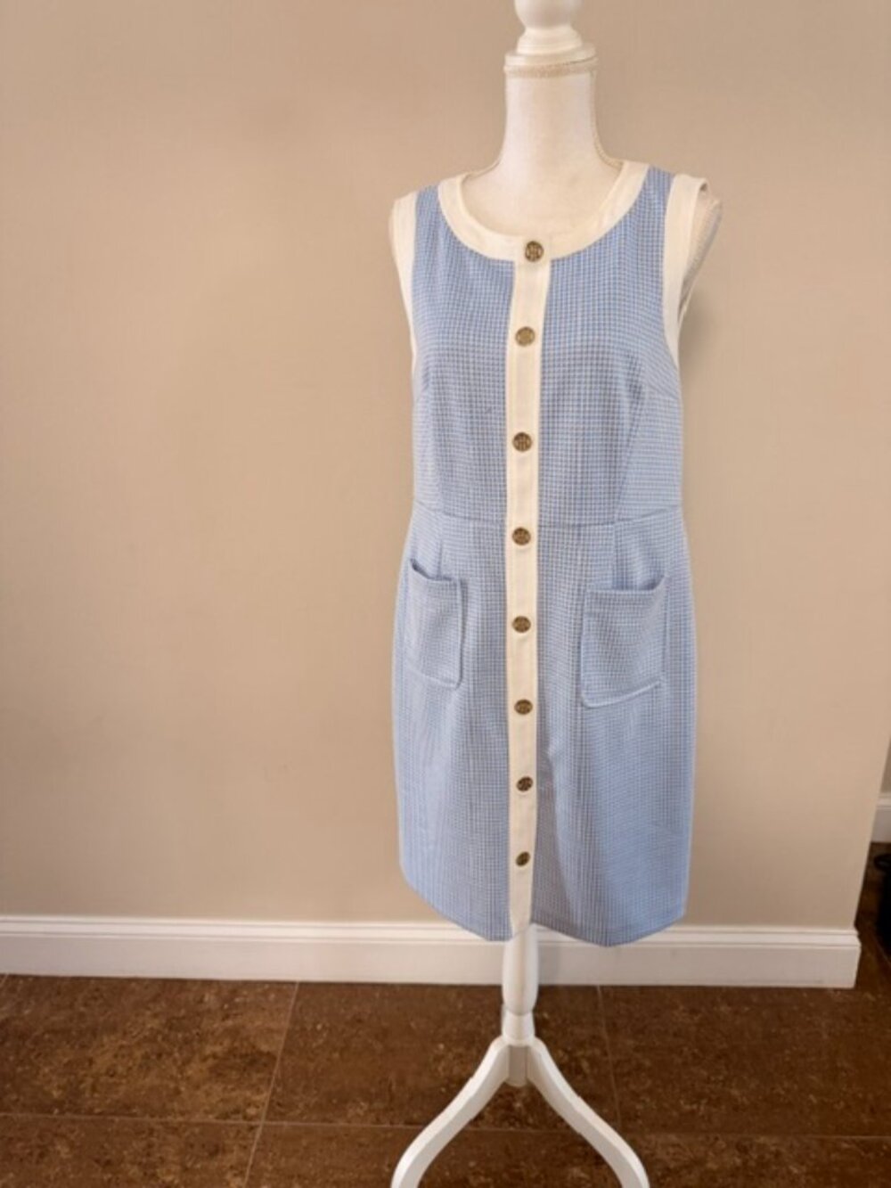 Tommy Hilfiger Blue White Button Front Dress Gold Logo Buttons